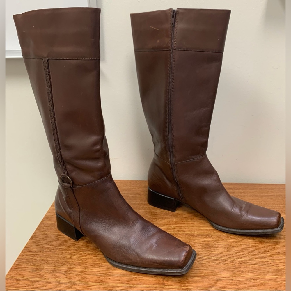 Croft & Barrow Brown Braided Leather Square Toe Tall Boots Zipper Closure SZ 10 - Picture 6 of 13